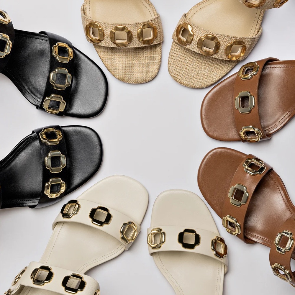 Larroude Milan Sandal In Black Leather with Gold Hardware - Picture 5 of 12